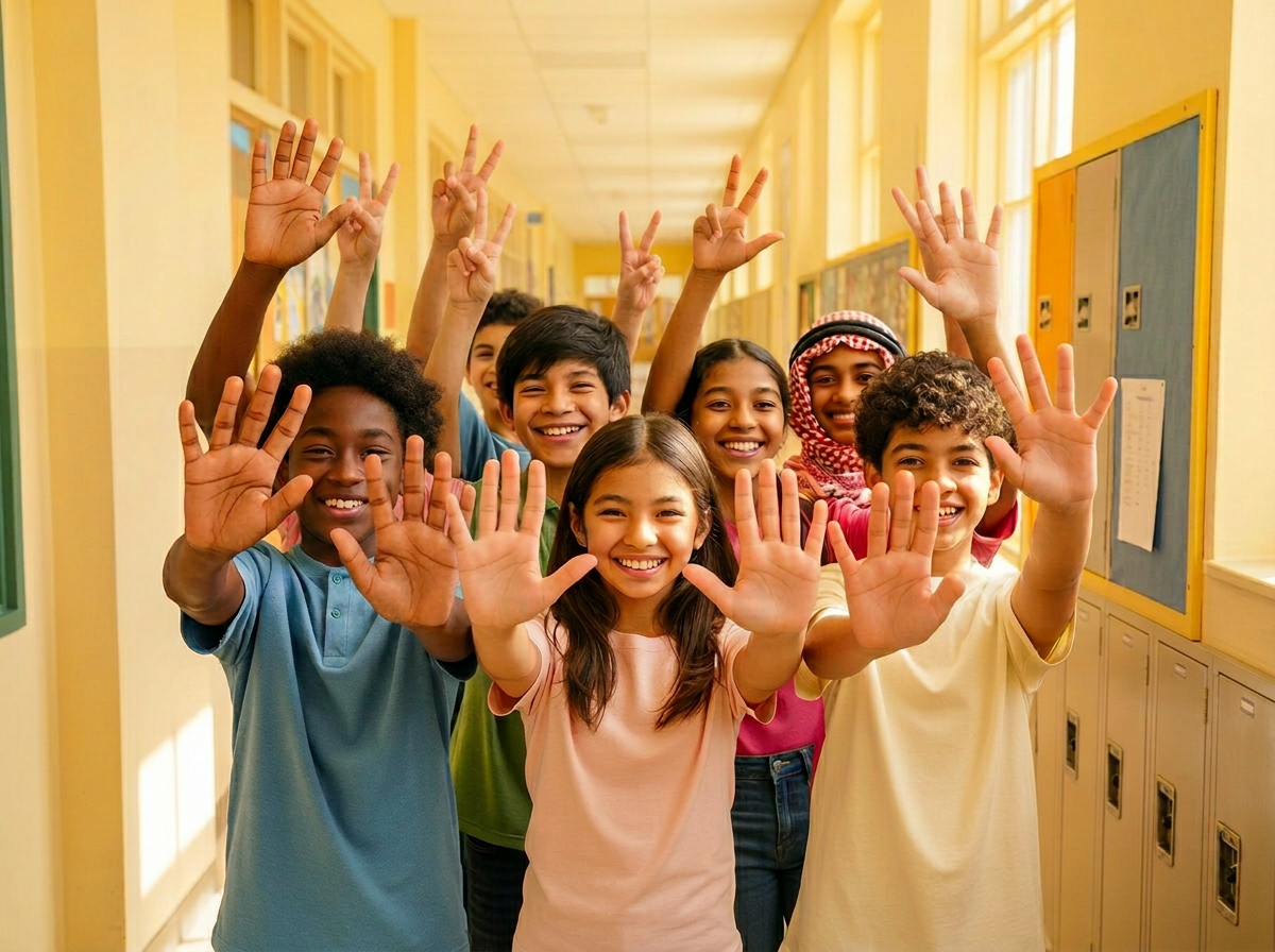 Students raising arms together in a school hallway
